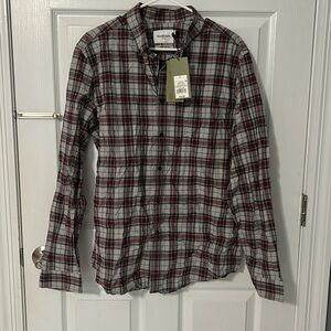 NWT Goodfellow Men’s Button Down Shirt Gray Red Plaid Size Large